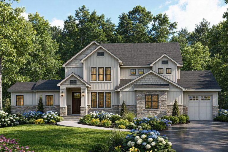 New American House Plan with First-Floor Master Suite and 3-Car Garage (Floor Plan)