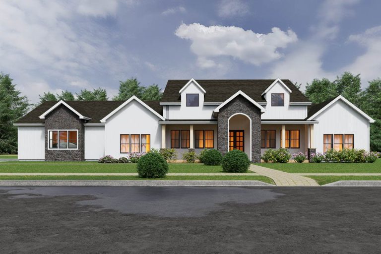 Modern Transitional House Plan with 4 Split Bedrooms and 3-Car Garage (Floor Plan)
