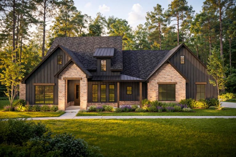 Modern Transitional Farmhouse House Plan with 4 Bedrooms and Side Entry Garage (Floor Plan)