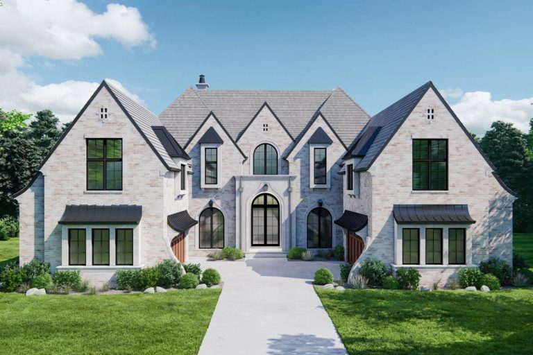 European Transitional Luxury House Plan with Six Bedrooms and Courtyard (Floor Plan)