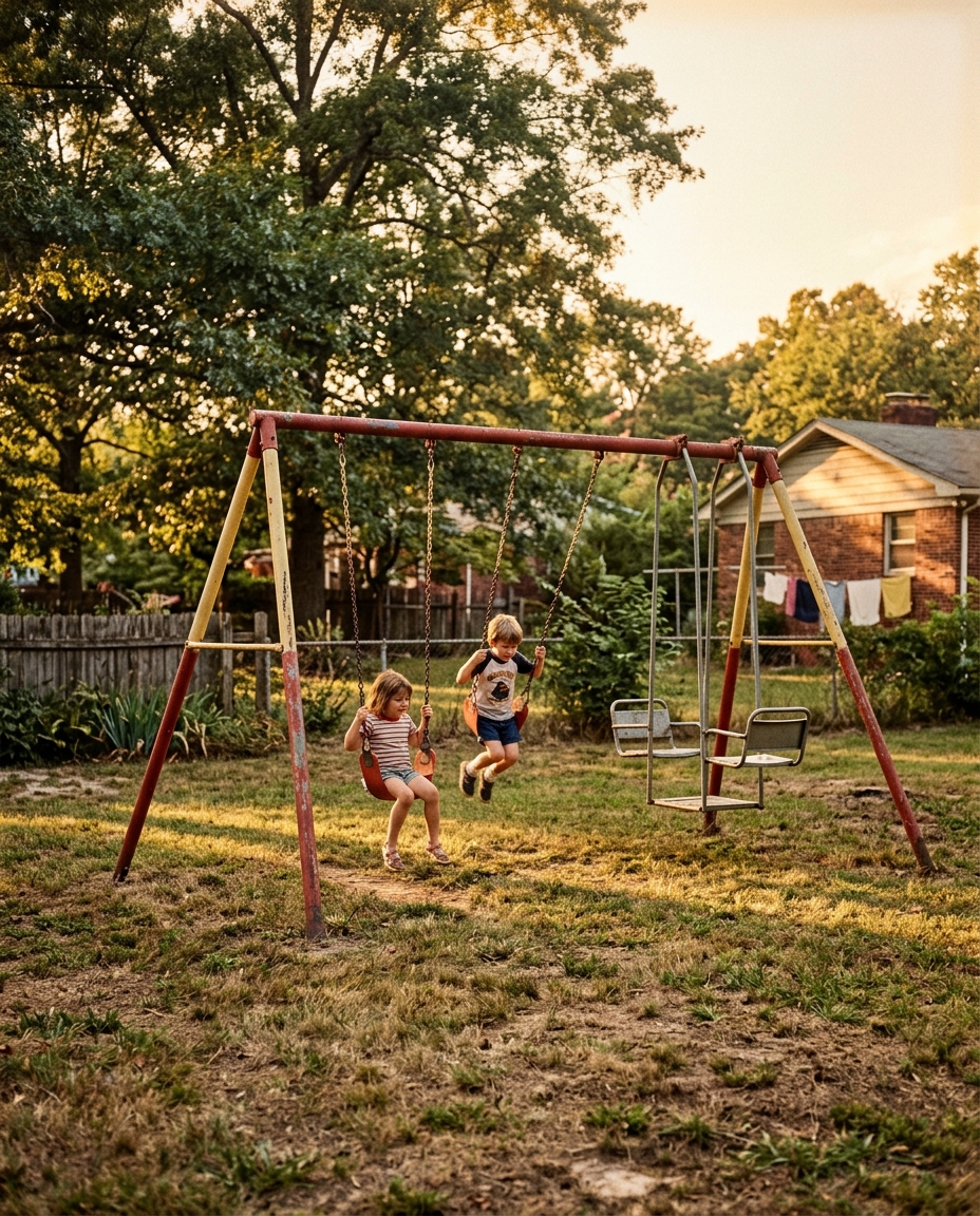 1970s tubular metal A-frame swing set in a sunny backyard