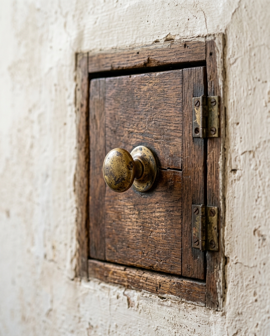 Small hinged wooden laundry chute door with brass knob in plaster wall