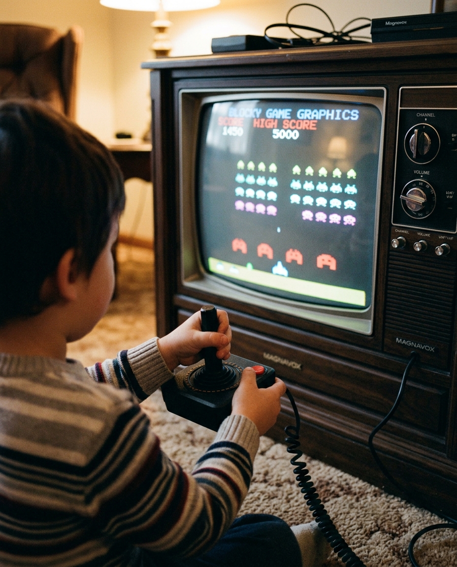 Child's hands on a joystick in front of a retro TV