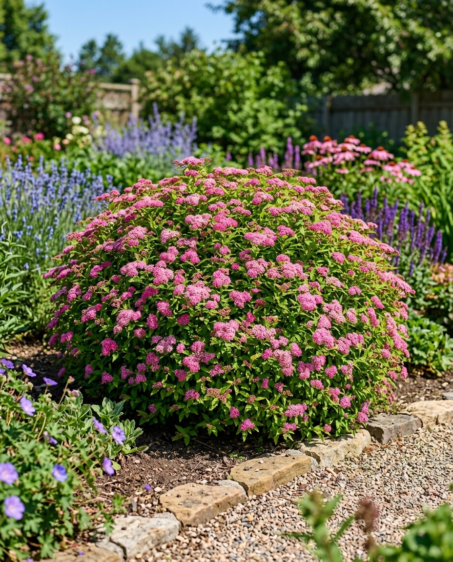 Rounded spirea shrub covered in pink flower clusters in a sunny summer border