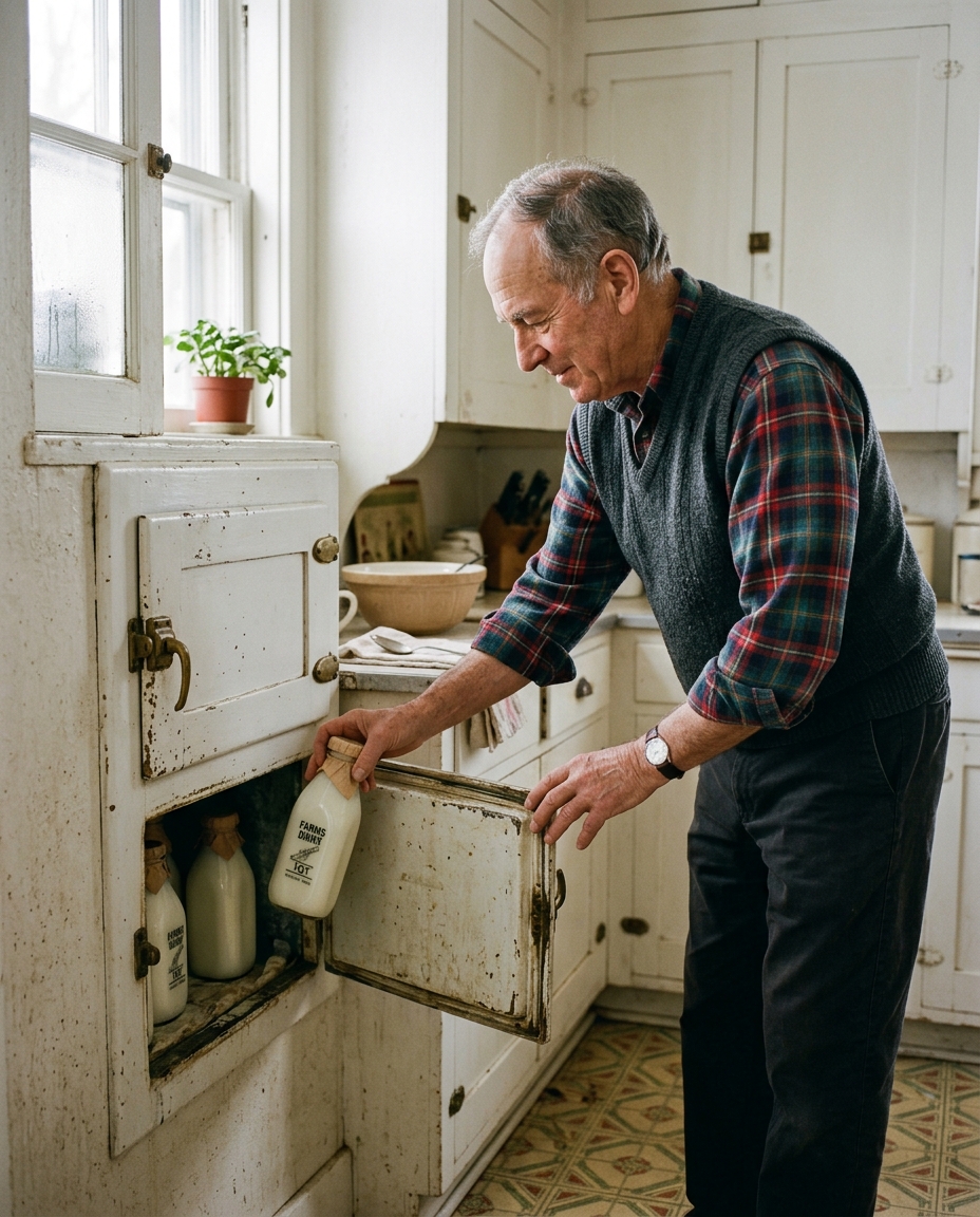 Older man peering into a vintage built-in milk delivery door