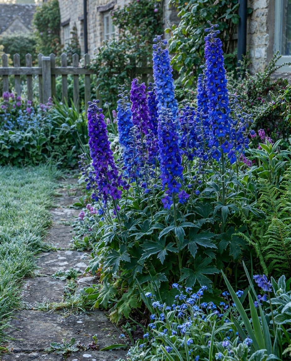 Deep blue and purple larkspur spires in a spring garden with frost at the edges
