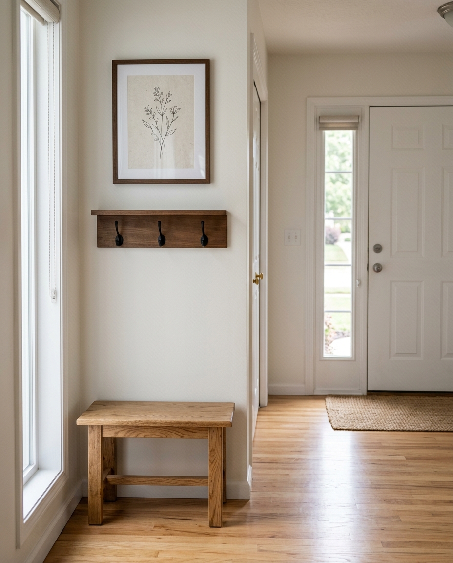 Clean uncluttered entryway with a small bench, empty wall hooks, and clear hardwood floor