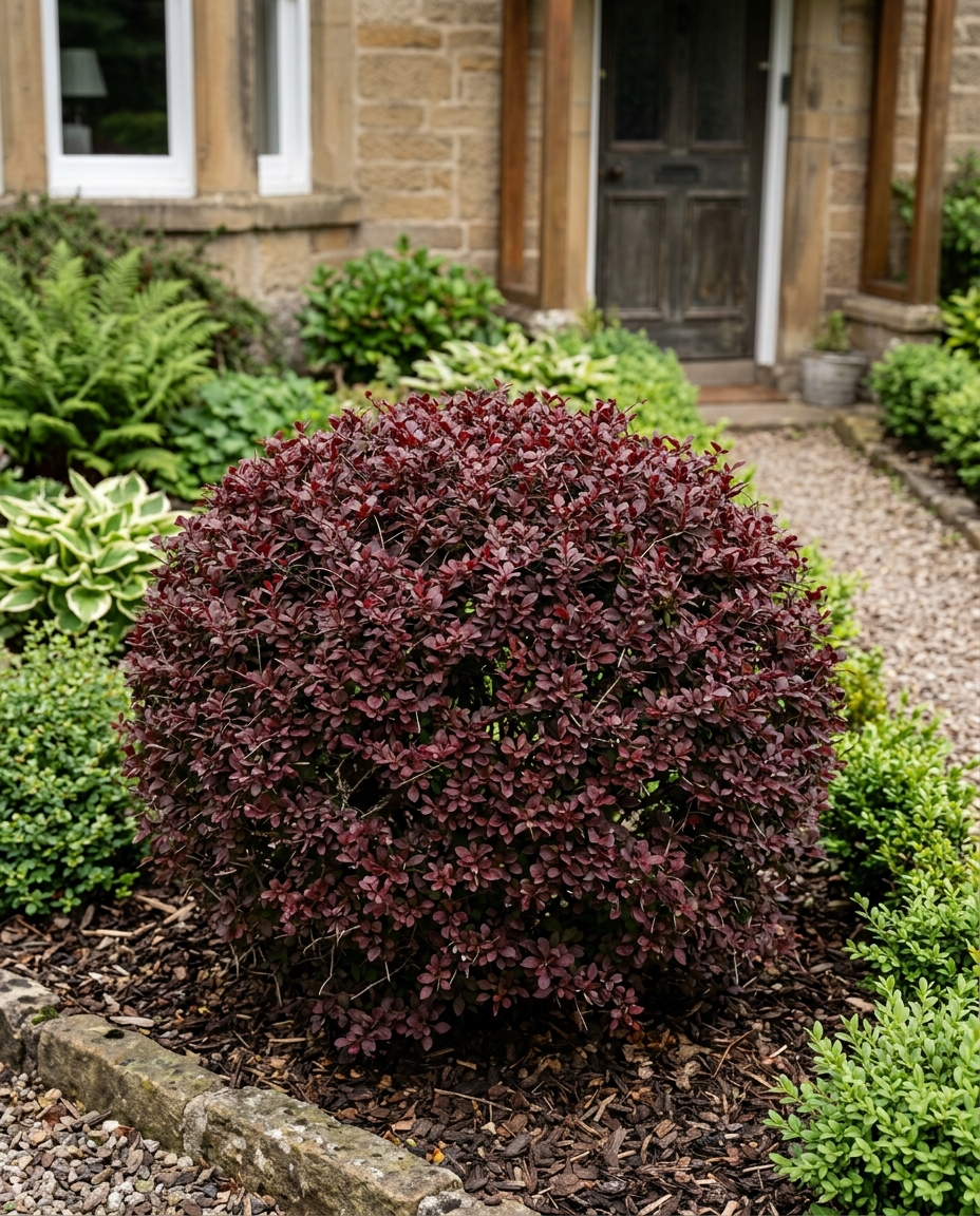 Dense rounded barberry shrub with deep burgundy red foliage in a landscaped front yard