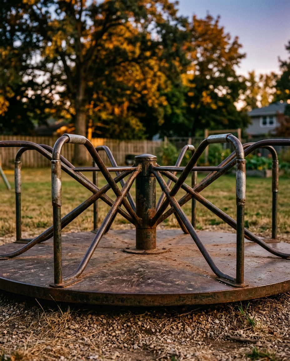 Round metal merry-go-round spinner in a backyard at dusk