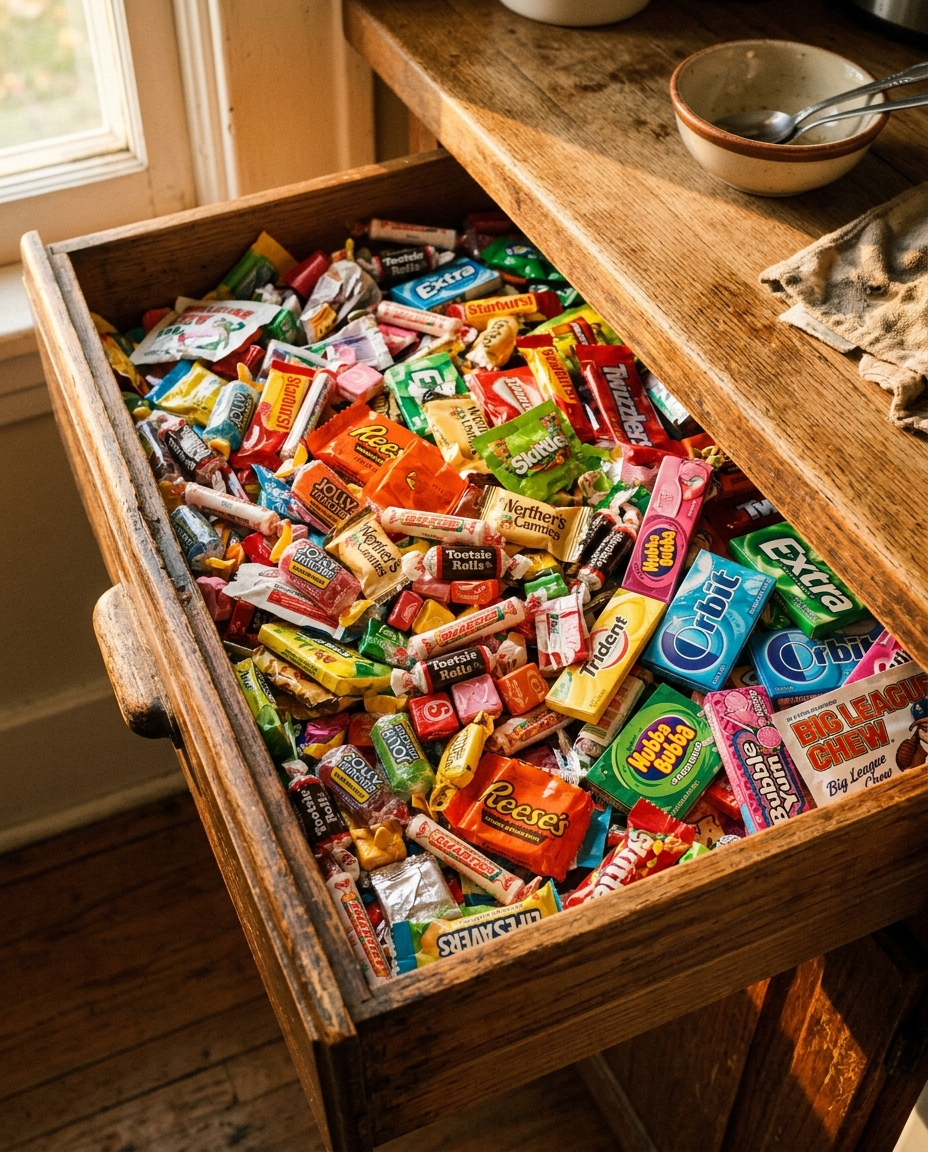 An open kitchen drawer packed with candy and wrapped sweets