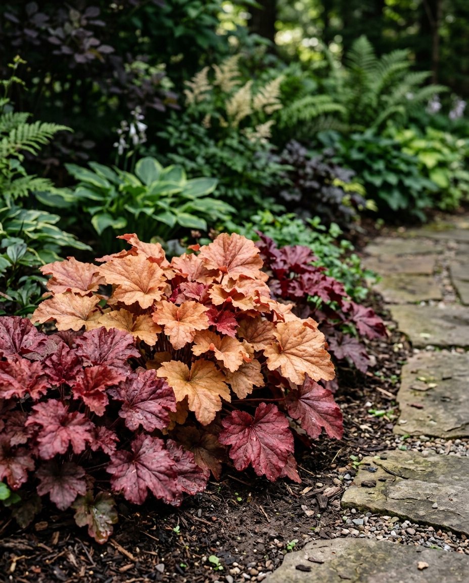Coral bells with ruffled amber and burgundy leaves at the front of a shade border