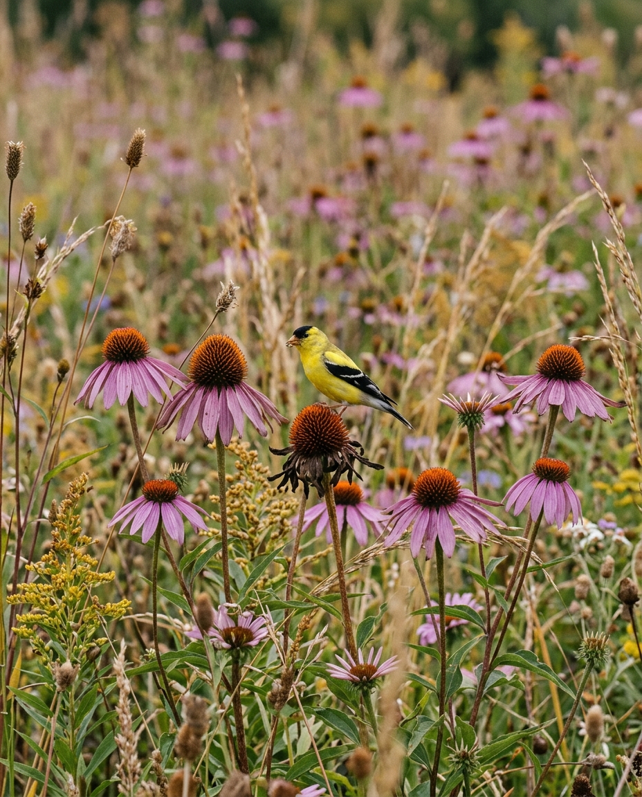Purple coneflowers with a goldfinch perched on a dried seed head