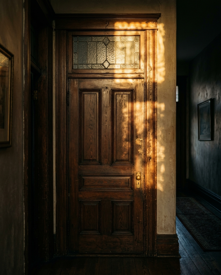 Sunlight through a glass transom window above an interior door