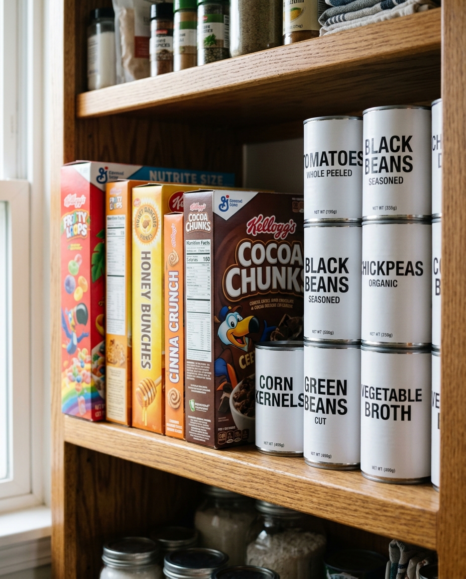 A pantry shelf with brand-name cereal and plain generic cans