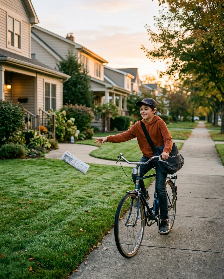 A young paperboy on a bicycle tossing a folded newspaper onto a suburban lawn at dawn