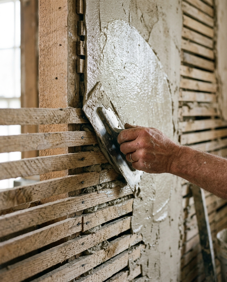 Hand troweling wet plaster over wooden lath strips