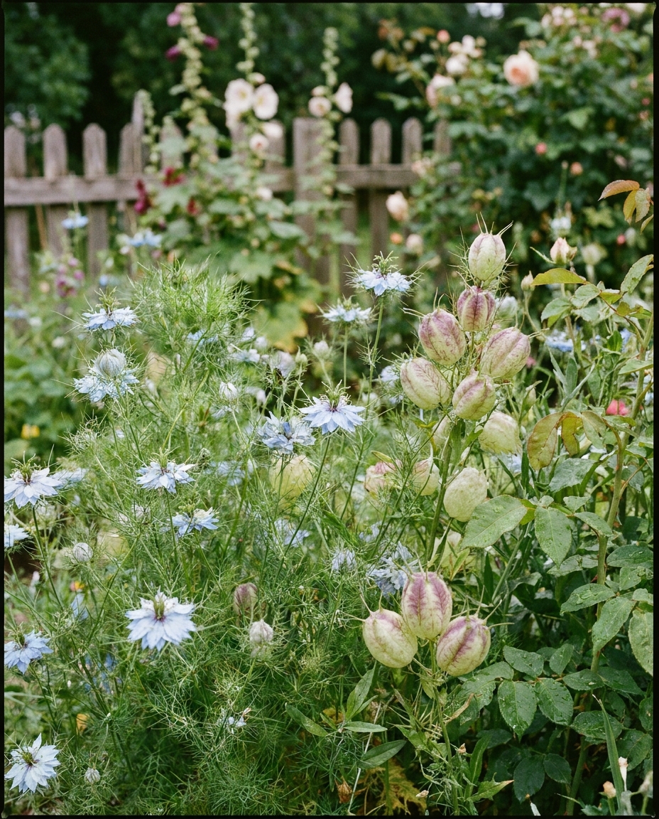 Pale blue nigella flowers with feathery foliage and balloon-like seed pods