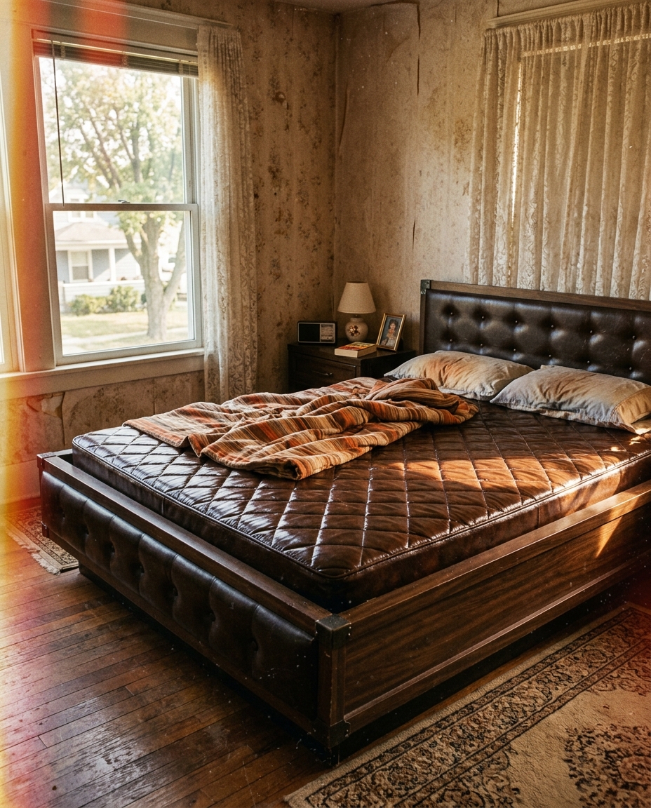 A 1970s waterbed with a padded wooden frame and quilted mattress