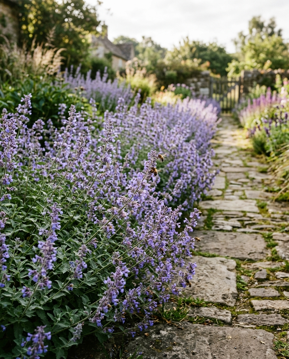 Low billowing hedge of catmint with violet-blue flowers lining a stone walkway