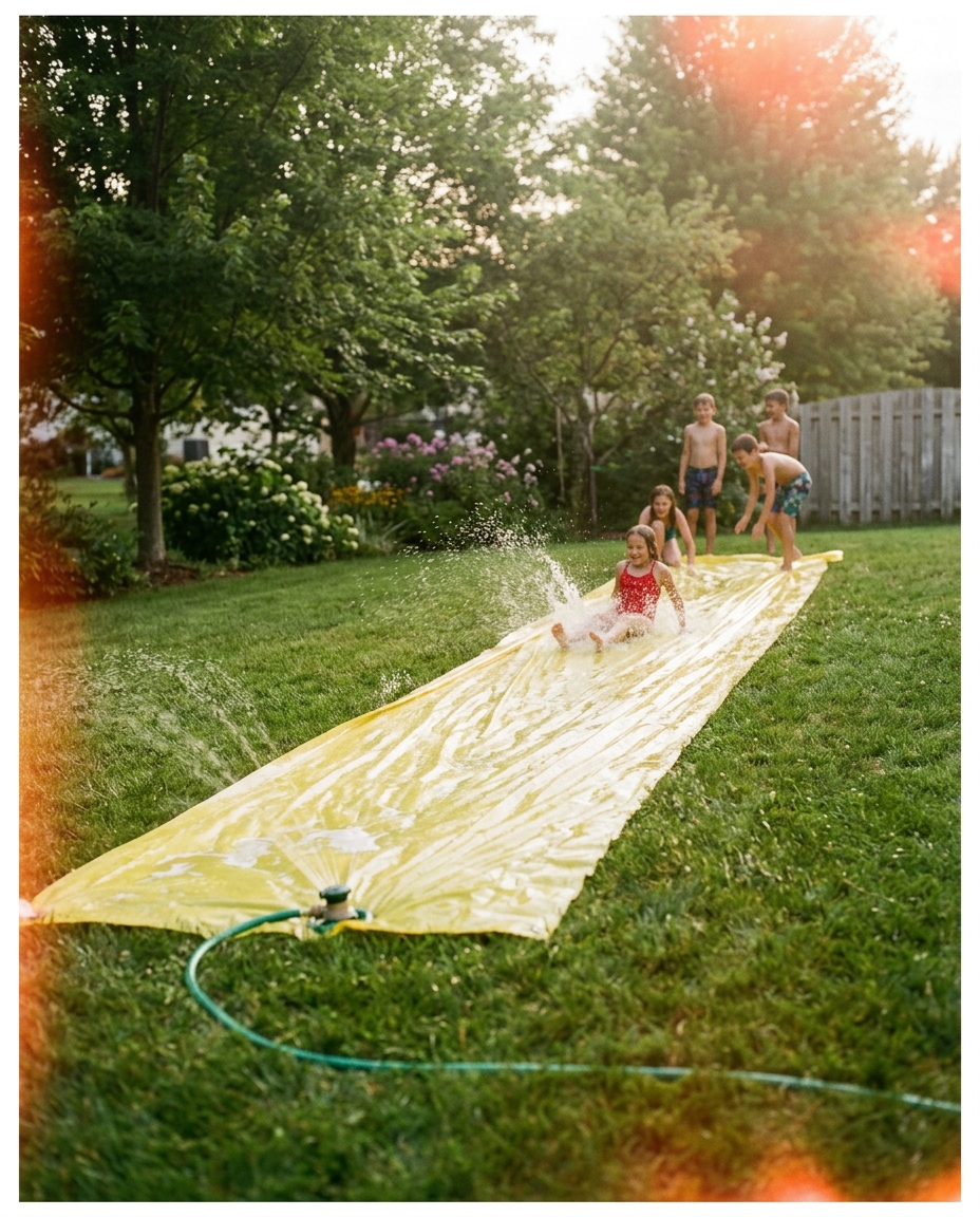Yellow Slip N Slide stretched across a green backyard lawn