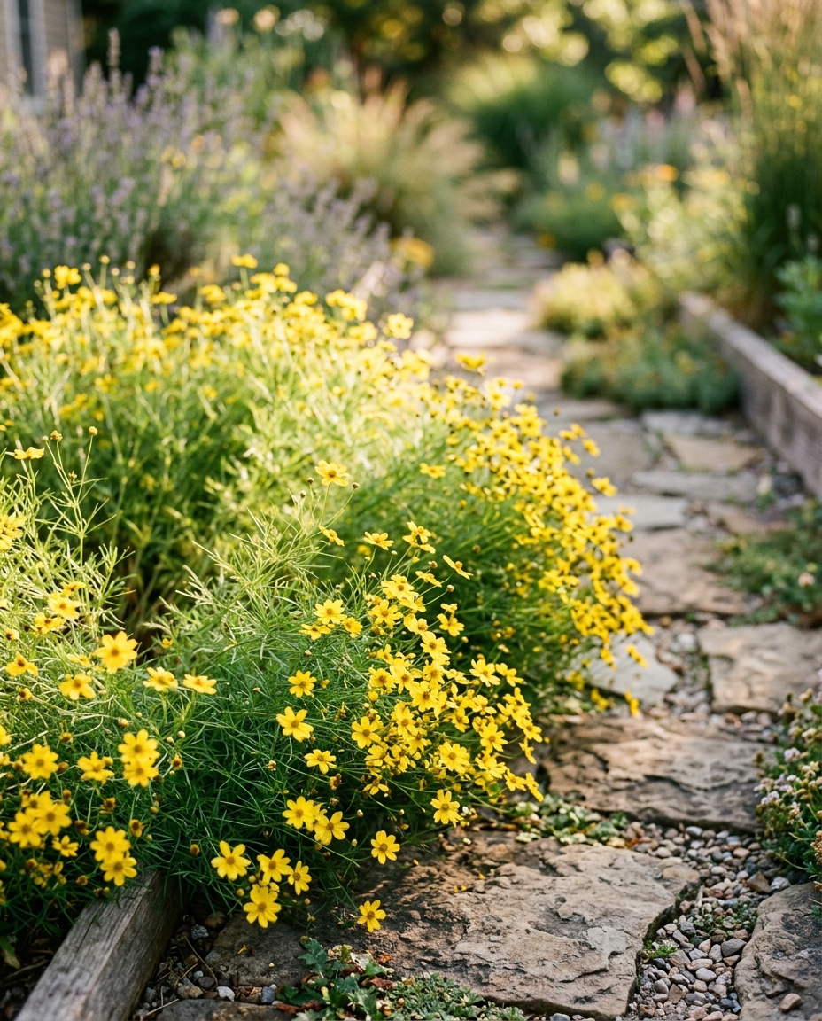 Bright yellow threadleaf coreopsis along a garden path