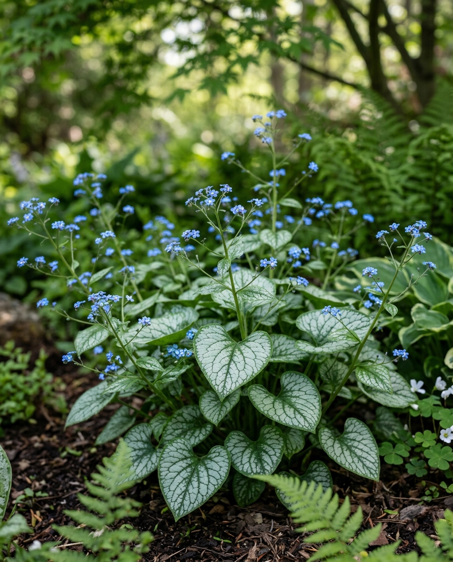 Brunnera with silver-veined heart-shaped leaves and tiny blue spring flowers