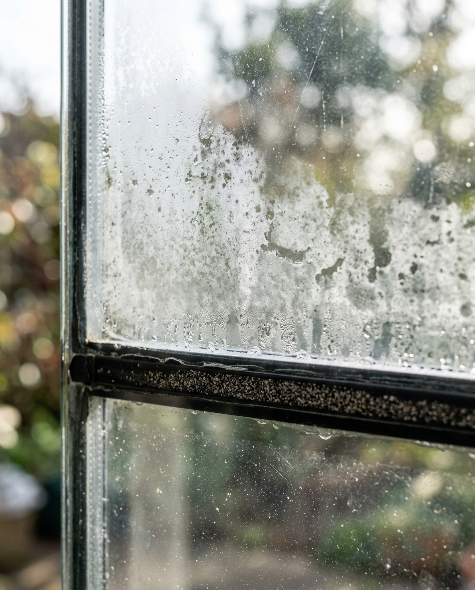 Sunlight hitting a window with faint cloudy haze between the panes from a failed seal