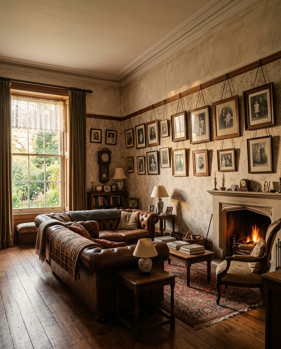 Vintage living room with wooden picture rail holding framed photos on wires