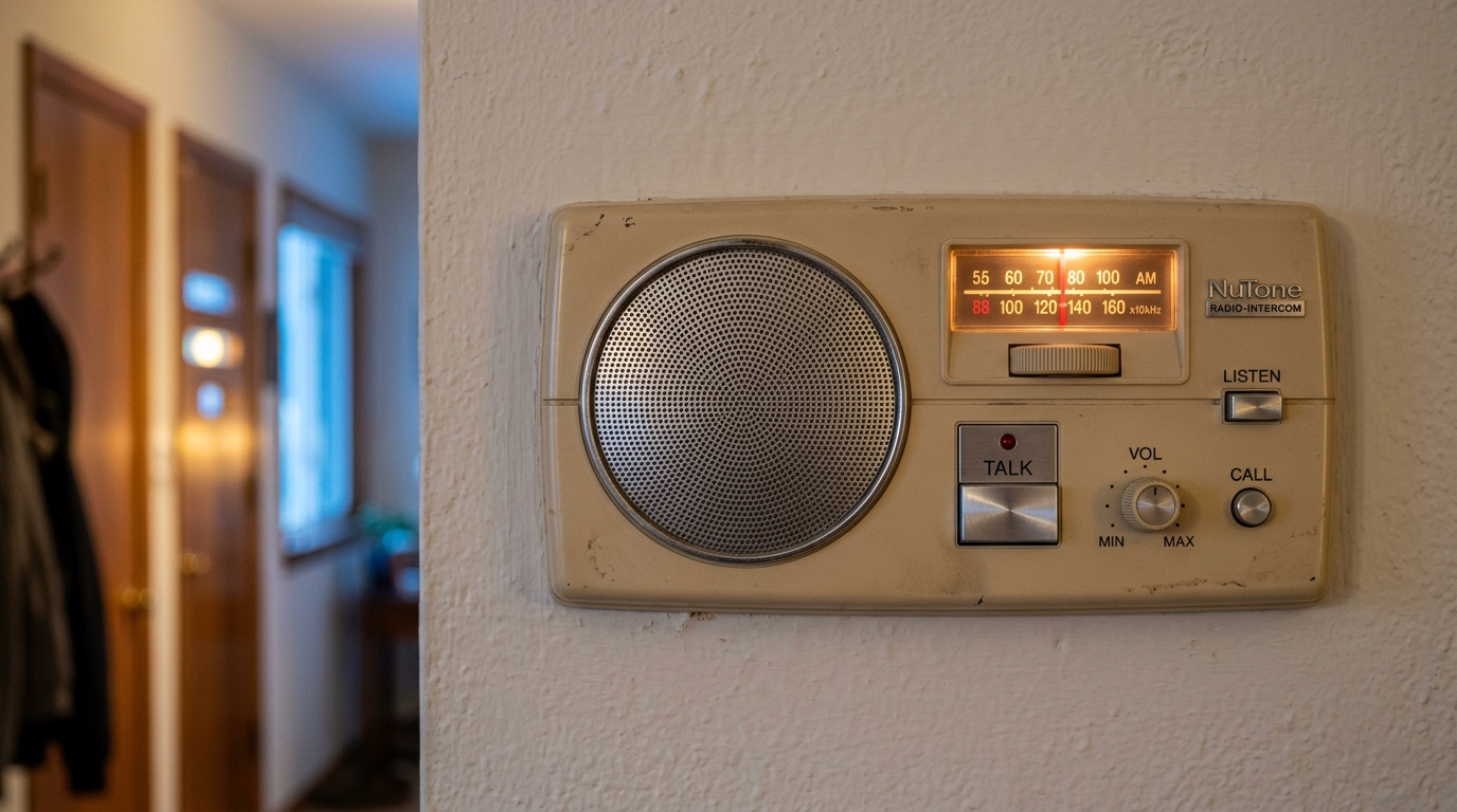 A beige wall-mounted home intercom panel with speaker grille