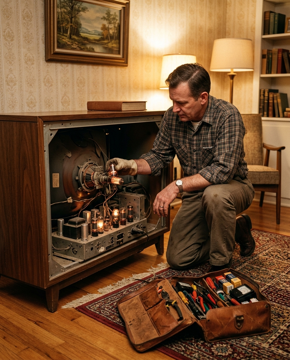 A repairman kneeling behind a console television pulling vacuum tubes from the chassis