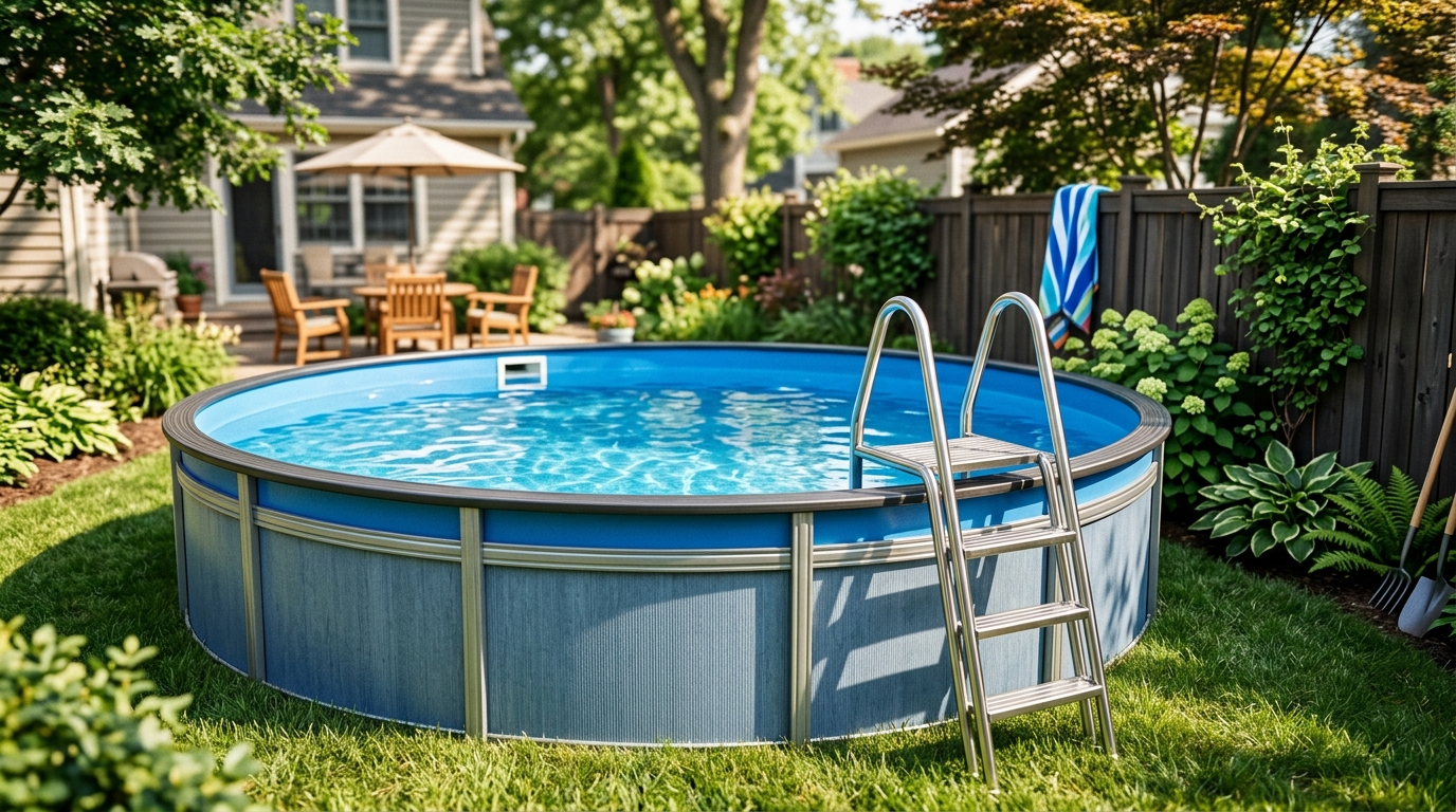 Round blue above-ground pool with metal ladder in backyard