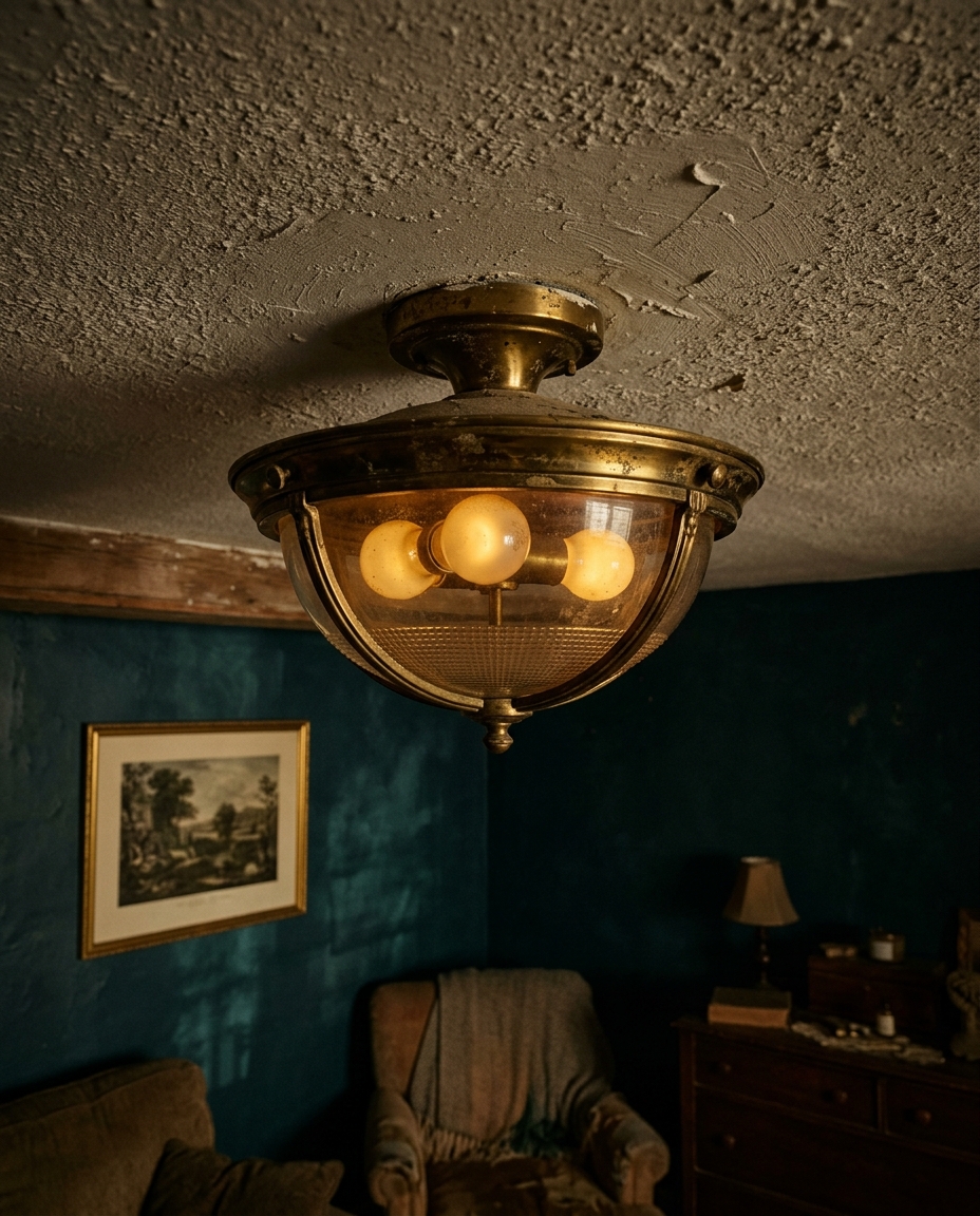 Dated builder-grade overhead lighting with brass trim and dim yellow bulbs