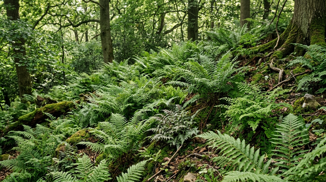 Layered woodland ferns of different textures filling a shaded slope