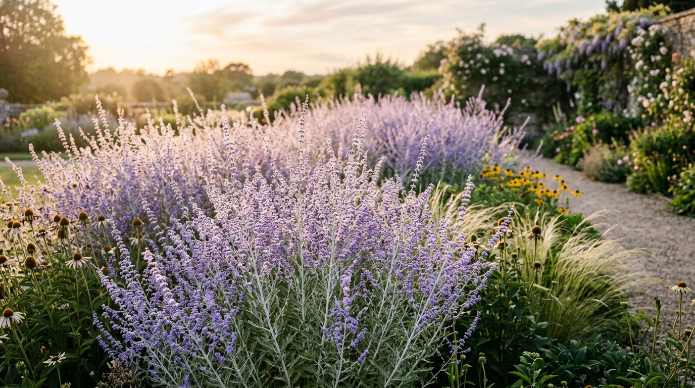 Russian sage with silvery stems and lavender-blue flower spikes