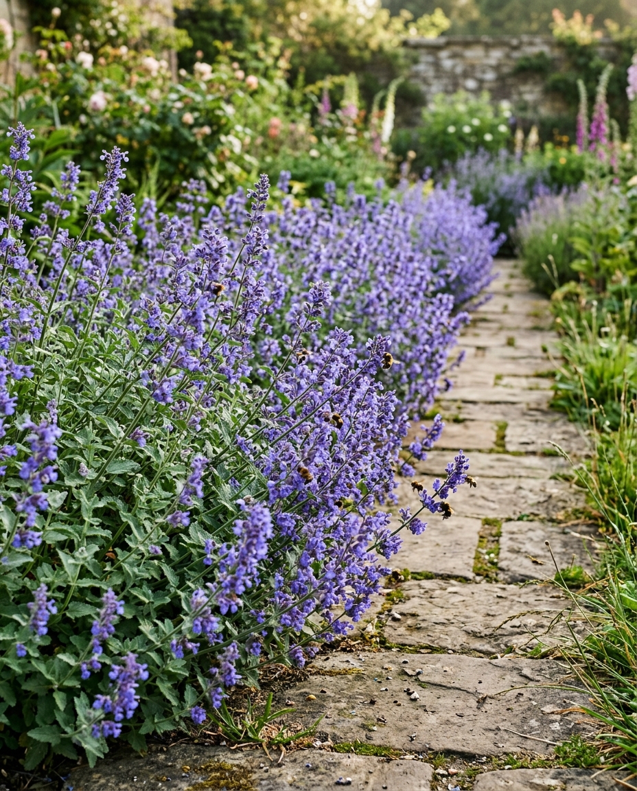 Catmint hedge with violet-blue flowers lining a walkway