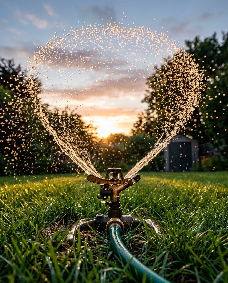 Metal lawn sprinkler spraying water over a sunny backyard