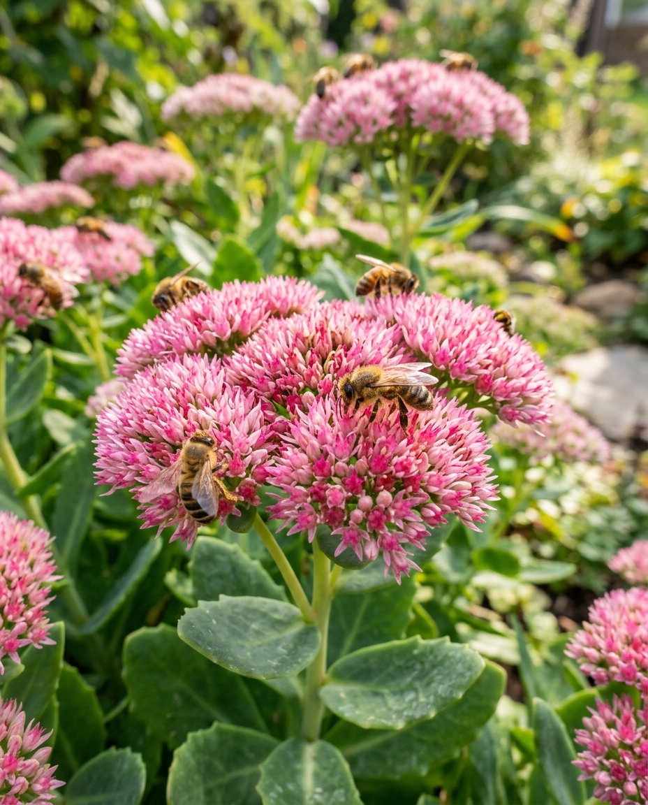 Stonecrop sedum with rosy-pink dome flower heads and thick succulent leaves covered in bees