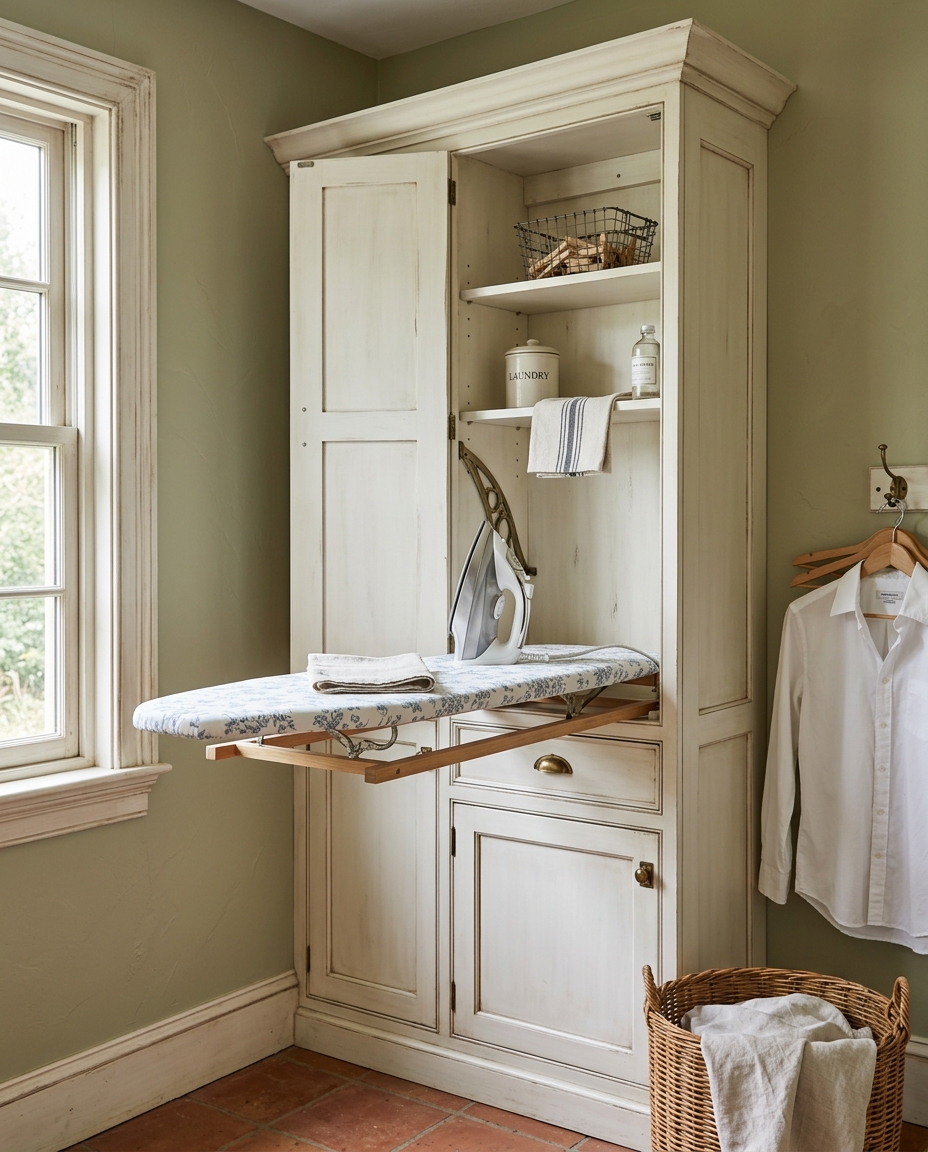 Wall-mounted fold-down ironing board in a vintage built-in cabinet