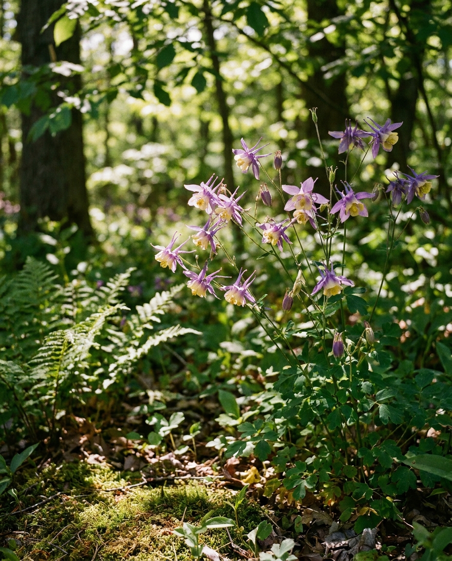Purple and yellow columbine flowers nodding in a dappled woodland-edge garden