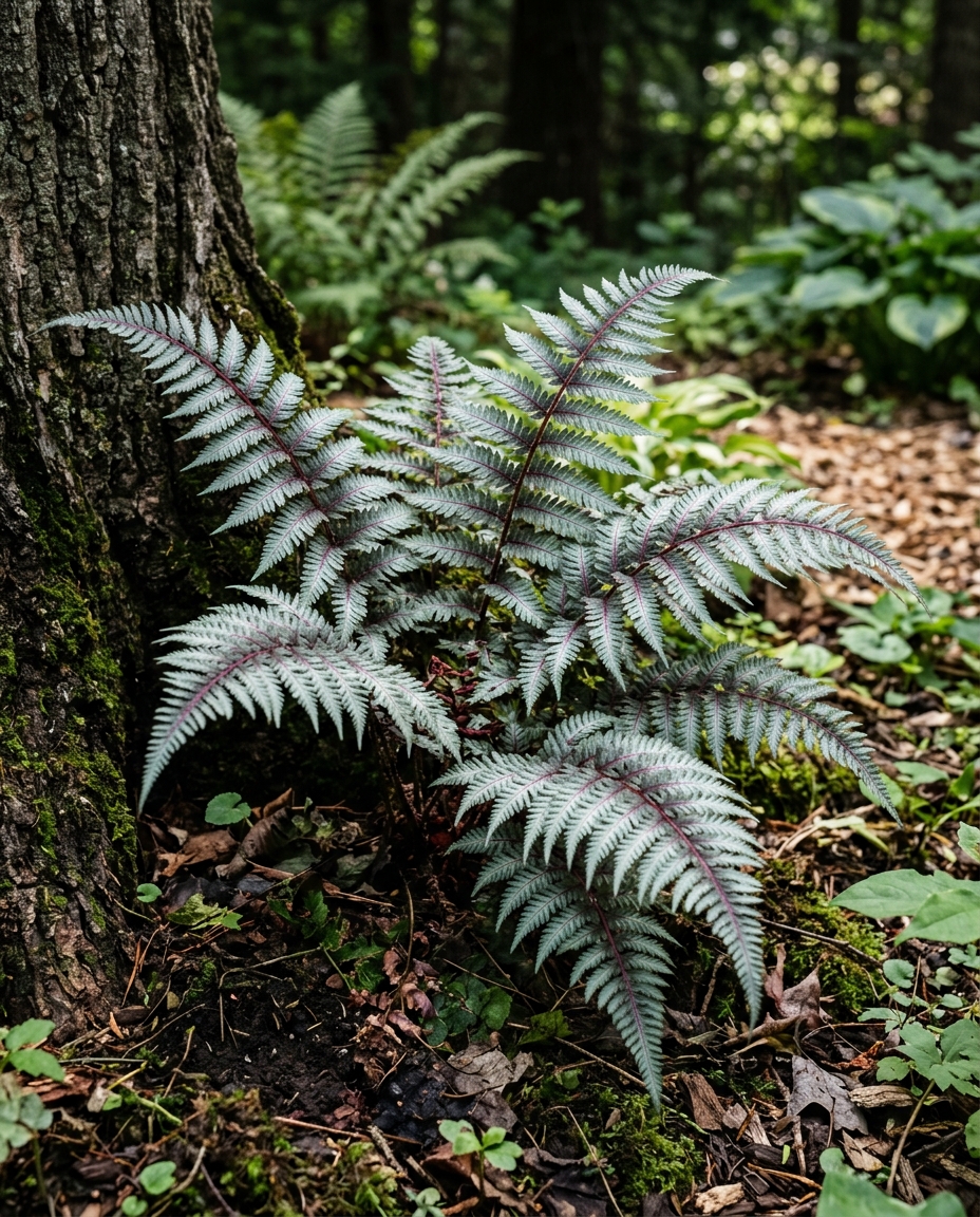 Japanese painted fern with silvery blue fronds and burgundy veins at the base of a tree