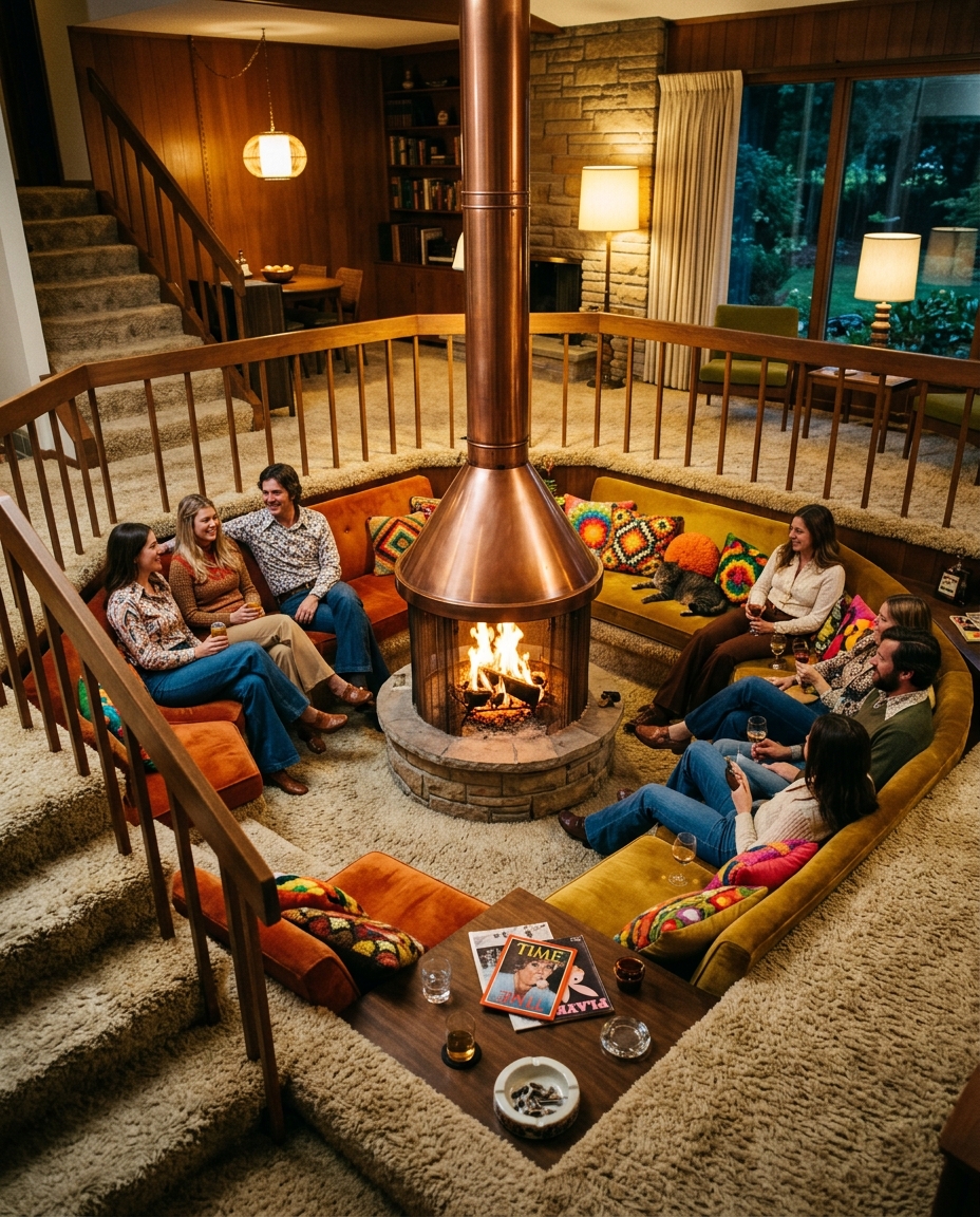 A 1970s sunken conversation pit with built-in seating