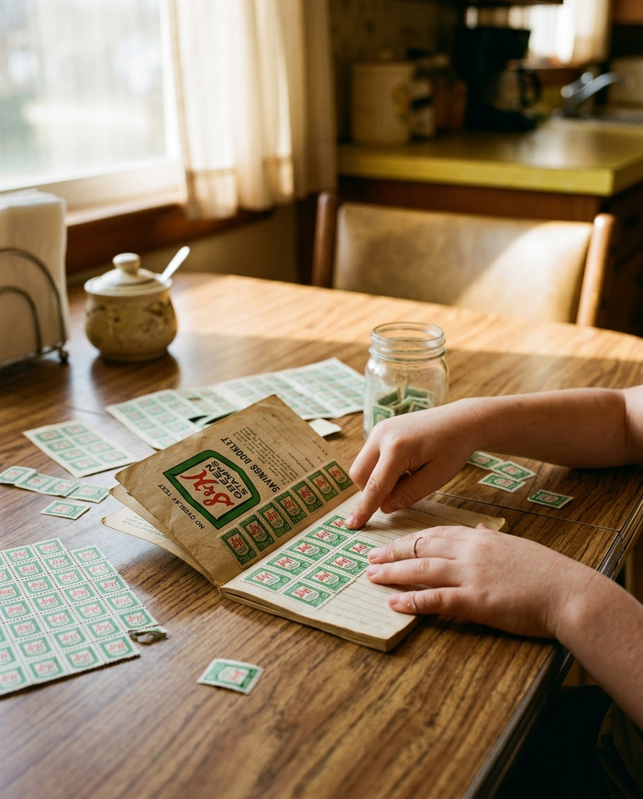 A child pressing green trading stamps into a savings booklet at a kitchen table