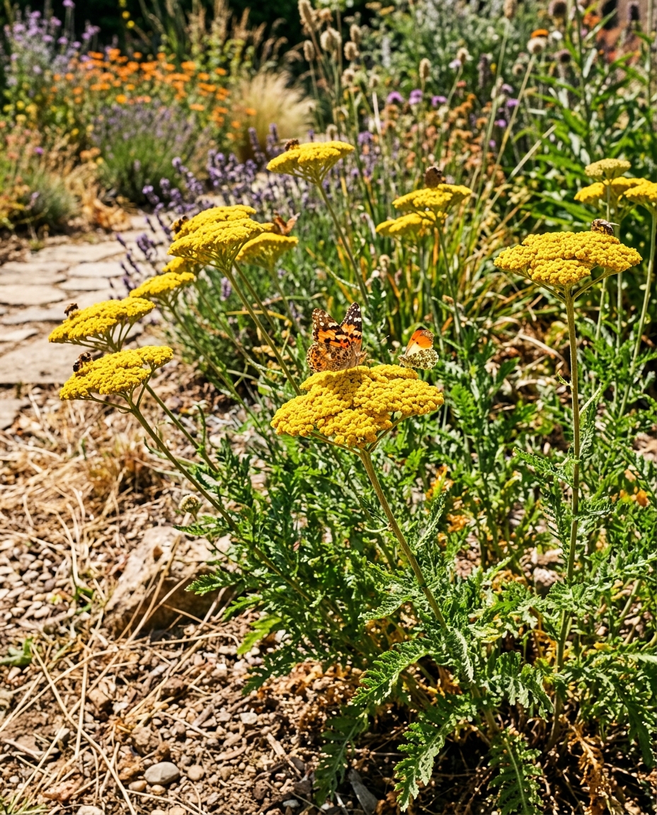 Yellow yarrow flowers with ferny foliage in a sun-baked border