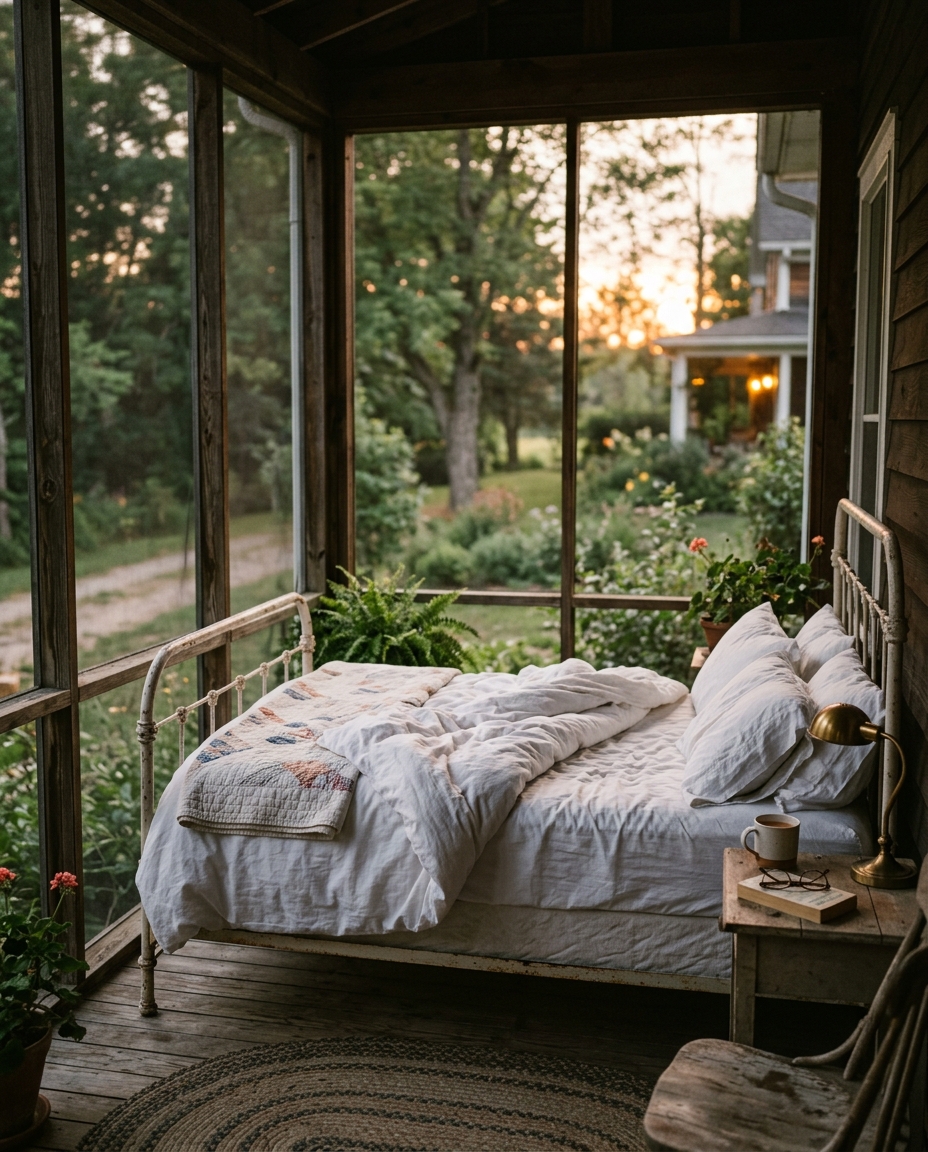 Vintage screened sleeping porch with iron bed and white linens