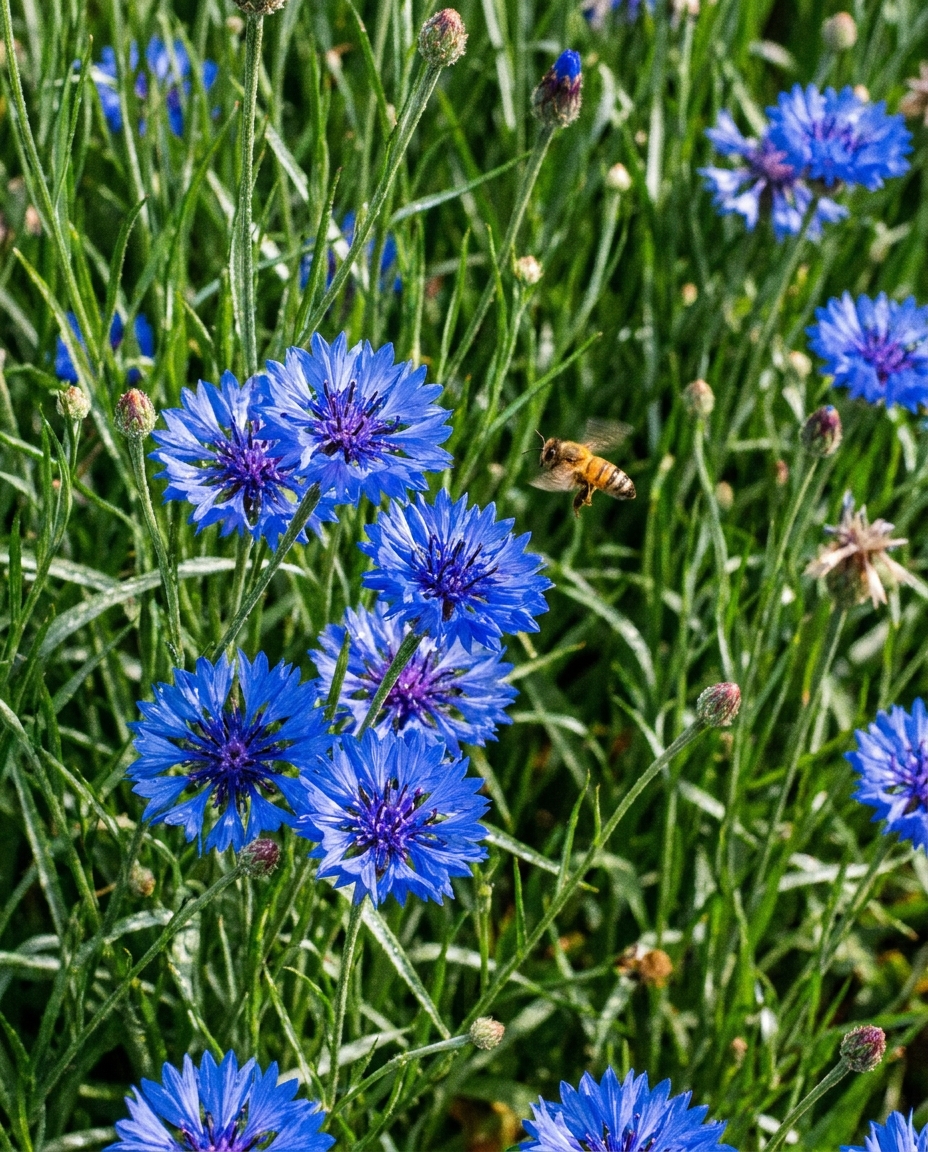True-blue bachelor button cornflowers with a bee in flight in bright daylight