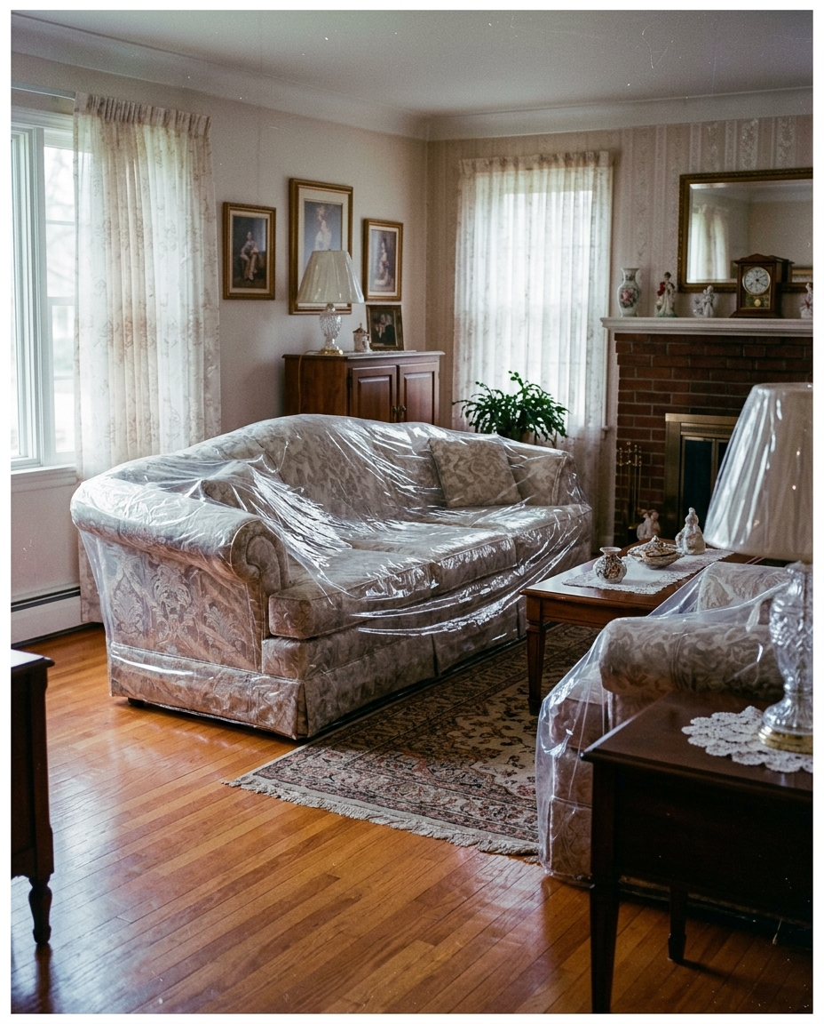 A formal 1970s living room with plastic-slipcovered sofa and untouched decor