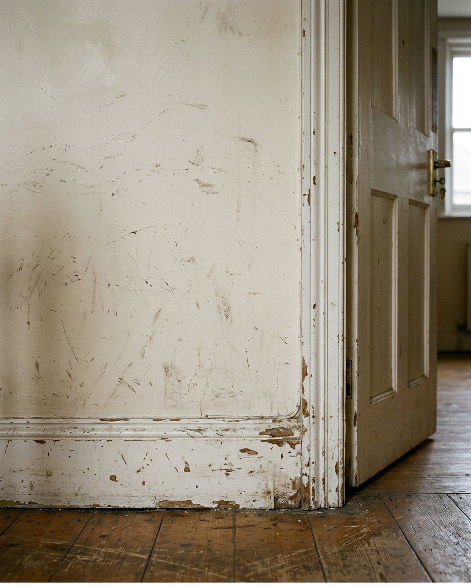 Hallway wall with scuff marks and chipped baseboard near a doorway