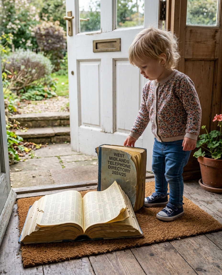 A thick telephone directory on a front doormat with a small child standing beside it