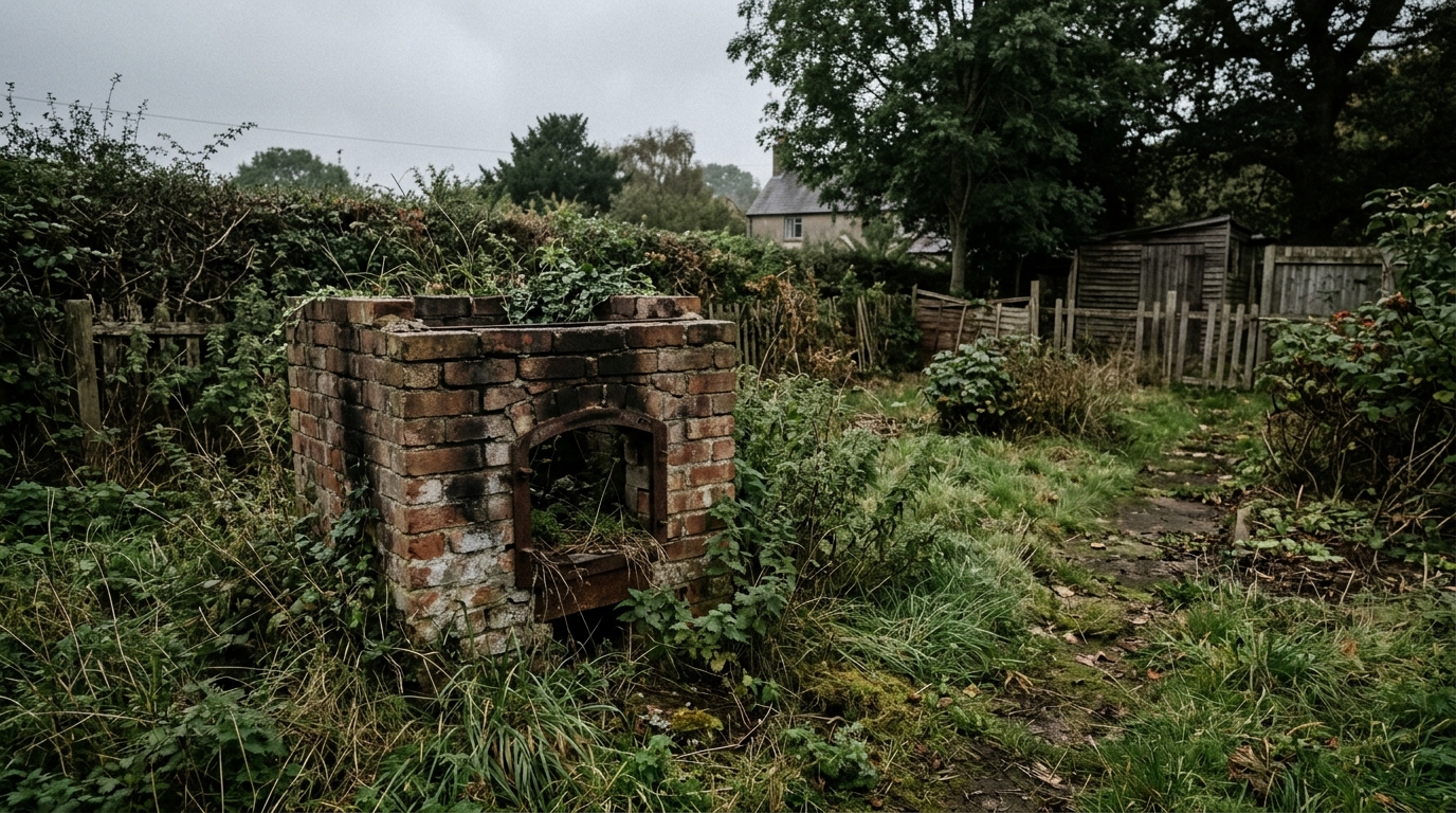 Old weathered brick backyard trash incinerator overgrown with grass