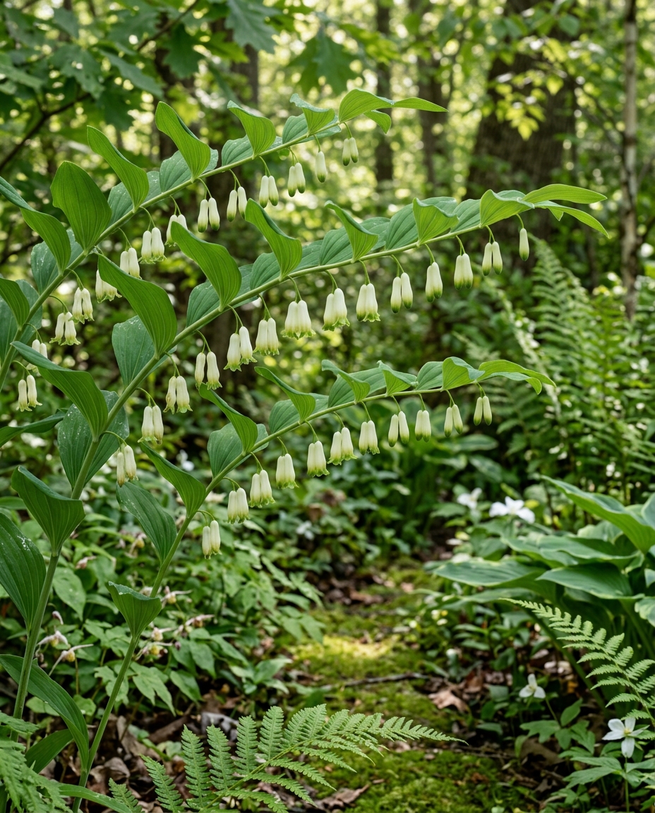Arching Solomon's seal stems with green-tipped white bells along the underside